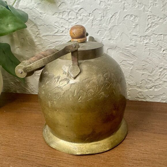 Antique Brass Tea Pot Kettle Original Old Hand Crafted Etched Wood Handle - Picture 2 of 7